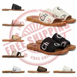 free shipping women designer slides slippers sandals woody rubber flat mule canvas white black green pink sail navy blue womens summer slipper beach shoes
