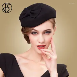 Berets FS Wool Black Pillbox Hats Fascinator For Women Elegant Wedding Felt Fedora Hat Tea Party Formal Ladies