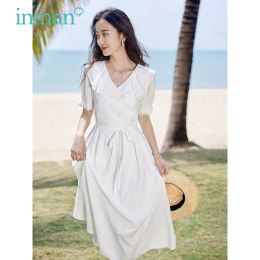 Dress INMAN Women Dress 2023 Summer Puff Sleeve Ruffled Vneck Ashaped Slim Waist French Temperament Elegant Romantic Long Skirt