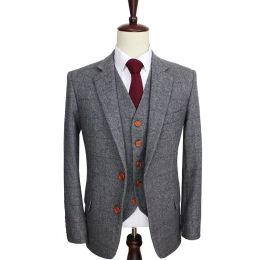 Suits 2024 Wool Retro Grey Herringbone Tweed British style custom made Mens suit tailor slim fit Blazer wedding suits for men 3 piece