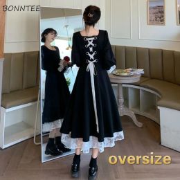 Dress Dresses Women Long Sleeve Female Causal Vintage Ulzzang Party Square Collar Elegant Mujer De Moda Cozy Spring Clothing Bandage