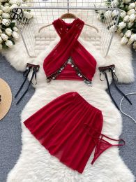 Suits SINGREINY Sexy Porno Shapewear Suits Women Sequins Tassel Cross Halter Tops+Hight Waist Split Skirts Thin Gauze Sensual Sets