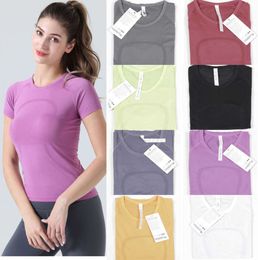 LU-2.0 Womens Yoga Short Sleeve Solid Colour Nude Sports Shaping Waist Tight Fitness Loose Jogging Sportswear LL High Quality 112ess