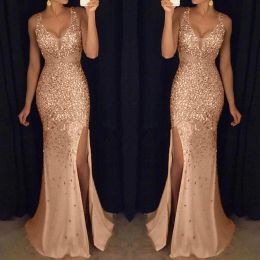 Dress Gold Sequined Sling Mermaid Dress Women Elegent Evening Prom Party Ball Gown Vestidos Sexy V Neck Slits Bridesmaid Dress