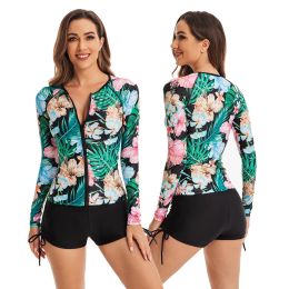 Suits Women Two Piece Rash Guards Long Sleeve Swimsuit Swim Shirt with Shorts Modest Bathing Suit Sun UV Protection Floral Printed