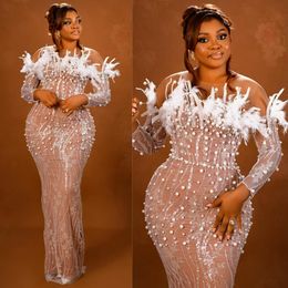 Nigeria Plus Size Aso Ebi Prom Dresses Long Evening Dresses for Special Occasions Long Sleeves Sheer Neck Pearls Feathered Beaded Lace Second Reception Gowns AM476