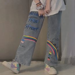 Jeans Cute Rainbow Print Jeans Girls Straight Pants Trousers Female Harajuku High Street Denim Bagge Cool Autumn Boyfriend Jeans Femme