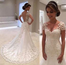 Dresses New Illusion Vestido De Noiva White Backless Lace Mermaid Wedding Dress Cap Sleeve Wedding Gown Bride Dress