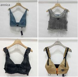 SShiny Rhinestone T Shirts Women Denim Sling Vest Sexy Cropped Top Party Tank Tops V Neck T-Shirt Bra S-L4366