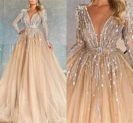 Champagne Evening Dresses Long Sleeves Beaded Sequins Plunging V Neck A Line Floor Length Plus Size Pleats Prom Gown Formal Custom vestidos