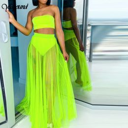 Sets Mesh Summer Two Piece Set Casual Neon Spaghetti Strapless Sleeveless Crop Tops Shorts 2 Pieces Suit Perspective Outfit Tracksuit