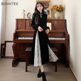 Dress Long Sleeve Dresses Lace Spliced Autumn Winter Flattering Waist Slim Fit Velour Chinese Style Solid Square Collar Streetwear