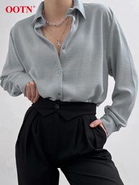 Women's Blouses Gray Office Turn Down Collar Shirts Female Spring Street Single Breasted Blouse Women 2024 Fashion Casual Long Sleeve