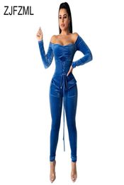 Off Shoulder Lace Up Sexy Velvet Bodysuit Women Long Sleeve Open Back Solid Bodycon Jumpsuits Elegant Bandage One Piece Romper Y206615199