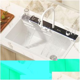 Kitchen Sinks Stainless Steel Kitchen Sink Waterfall Large Single Bowl Honeycomb Nano Digital Display Washbasin Mtifunctional Faucet D Dhw8J