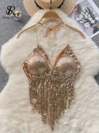 Camis SINGREINY Summer Sequins Sexy Camisole Women Halter Sleeveless Slim Backless Tank Tops 2023 Fashion Y2K Korean Beach Party Top