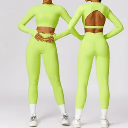 Active Sets Spring Quick Dry Sports Yoga Set Women 2 Piece Outfits Long Sleeve Crop Tops High Waist Leggings Fitness Gym Workout