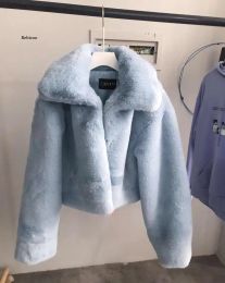 Fur Women Winter Aqua Blue Big Lapel Hairy Shaggy Faux Rabbit Fur Jackets Vintage Furry Oversized Coat Short Outerwear