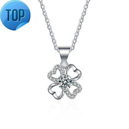 Womens Sterling Silver necklace Moissanite 4-leaf clover pendant Necklace for party wedding girlfriend sister