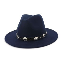 Trend Rivet Belt Decor Plain Wool Felt Jazz Fedora Hat for Men Women Unisex Flat Brim Panama Gambler Hats Caps Gentleman Trilby240b
