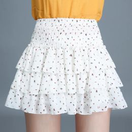 skirt elastic waist tiered swing floral chiffon black white pleated skirts womens kawaii japanese school girl mini skirt skorts C458