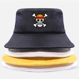 One Piece Bucket Hat Panama Cap the Pirate King Anime Luffy Harajuku Women Men Cotton Outdoor Sunscreen Wide Brim Hats Caps Q0805301C