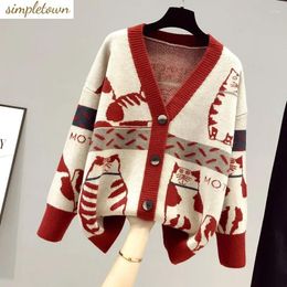 Women's Knits 2024 Spring And Autumn Cartoon Contrast Color Fashion Sweater V-neck Knitted Cardigan Coat Trend