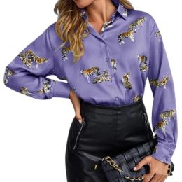 Shirt Elegant Style Tiger Print Shirt Women's Lapel Long Sleeve Singlebreasted Cardigan Tops Ladies Commuter Loose Blouse Large Size