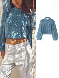 Women's Blouses Women 2024 Cropped Pleated Tops Turtleneck Backless Summer Vintage Long Sleeve Blouse Elegant Chic Female Shirt