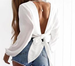 Backless Short Sexy Tshirt Women Deep V Neck Full Sleeve Crop Top White Tshirt Bow Female Tee Shirt Tops Tees White Red4809017