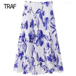 Skirts Midi Pleated Dress Women's Skirt Spring Summer 2024 Blue Mid Waist Long Floral Dresses Elegant Casual For Female