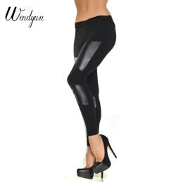 Leggings Wendywu Hot Sale Women Sexy Low Waist Slim Pants Solid Black Leather Patchwork Leggings