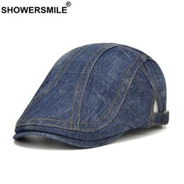 SHOWERSMILE Denim Flat Cap for Men Women Beret Hat Casual Irish Cap Blue British Retro Male Female Adjustable Ivy Cabbie Cap LJ201271F