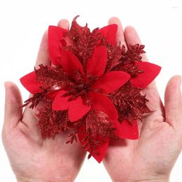 Christmas Decorations 12pcs Artificial Glitter Flowers DIY Hanging Ornaments Fake Flower For Xmas Year Party Decor Gifts