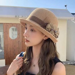 Wide Brim Hats Bucket Hats Newly arrived womens beach sun hats in 2023 womens summer straw hats foldable beach sun hats breathable knitted bucket hats J240305