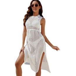 Cover-up Fashion New Loose Sexy Cover Up Round Neck Beachwear Knitted Hollow Split Beach Skirt Solid Sleeveless Women Swimwear CoverUps