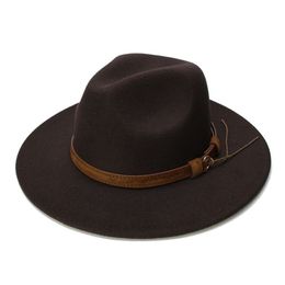 LUCKYLIANJI Retro Kid Child Vintage 100% Wool Wide Brim Cap Fedora Panama Jazz Bowler Hat Leather Band 54cm Adjusted Y200110280J