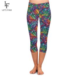 Leggings LETSFIND Summer Style 3D Colorful Feathers Design Digital Printing Capri Leggings High Waist Women MidCalf 3/4 Pants