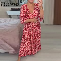 Dress Summer Maxi Dresses For Women Vintage Print V Neck Long Dress Women Casual Loose Beach Party Dresses Red