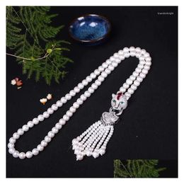 Chains White 8Mm Shell Pearl Jewellery Sweater Chain Necklace Fashion Leopard Head Inlay Zircon 6Mm Tassel Drop Delivery Necklaces Pend Dhai7