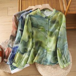 Blouse Printed Women's Shirts Summer 2023 New Loose Vintage Blouses Oneck Ladies Clothing Long Sleeves Cotton Linen Tops YCMYUNYAN