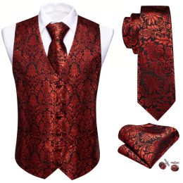 Vests Designer Vest for Men Silk Embroidered Red Black Flower Waistcoat Necktie Set Wedding Formal Suit Sleeveless Jacket Barry Wang
