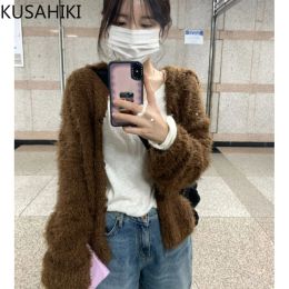 Cardigans KUSAHIKI Autumn New Mohair Navy Collar Plush Knitted Sweater Top Cardigan Women 2023 Fashion Girls Knitwear Cardigan