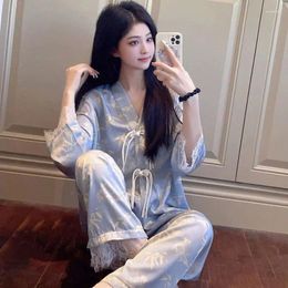 Womens Sleepwear Silk Pyjamas Women Sets Long Sleeve Tops Pants Loungewear Plate Button Lace Trim Korean Chic Prints