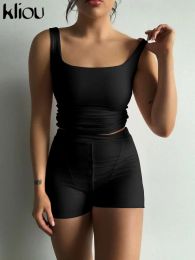 Sets Kliou Sporty Style Two Piece Set Casual High Elastic Spaghetti Strap Top+Button Decorative Shorts Female Slim Concise Activewear