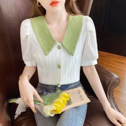 Shirt Sweet Contrast Shirt Tops Summer New Short Sleeve Solid Doll Neck Allmatch Cute Button Blouse Fashion Korean Women Clothing