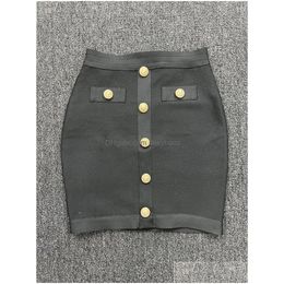 Skirts Top Quality Elastic Bodycon Bandage For Women High Waist Gold Buttons Above Knee Pencil Ladies Office Skirt Drop Delivery App Dh4Aj