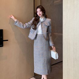 Suits Autumn and Winter Women Tweed Suit Highclass Celebrity Retro Round Neck Singlebreasted Blazer Jacket Midlength Skirt 2pcs set