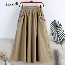 skirt Vintage Fashion Pocket Button Swing Aline Skirt Women High Quality Elastic Waist Solid Colour Casual Lady Allmatch Skirt