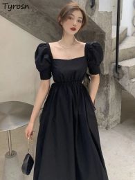 Dress Dresses Women Elegant Sweet Summer Simple Solid Design Leisure Puff Sleeve Fashion Aline Korean Style Square Collar Temperament